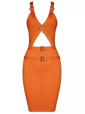 Orange Buckle Strap Bodycon Dress